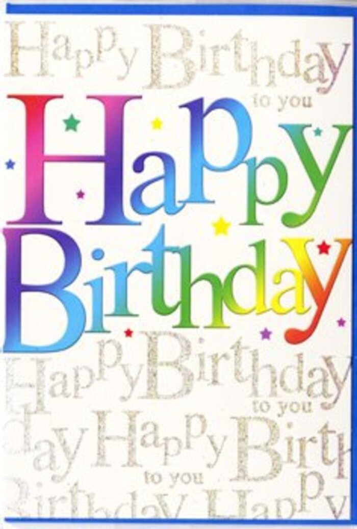 This birthday card is designed like a little work of celebration art, the sort of piece you might carefully choose from a display before meeting friends in Plaistow for a birthday drink. Across the centre, the words Happy Birthday are written in large, curving letters that seem to float slightly above the surface. Each letter is filled with colour that slides into the next, beginning with rich crimson and hot pink tones, then melting into shades of violet and indigo, before flowing through turquoise, teal, and verdant green, and finally warming into golden yellow and soft orange. The gradient is smooth and luminous, reminiscent of the varied colours in a mixed bouquet arranged for delivery around Plaistow and nearby streets. The finish of the letters looks satin-glossy, giving them a gentle, eye-catching shine. Behind this bold message, the entire background is covered in repeating lines of Happy Birthday to you in elegant gold cursive. The script is fine and flowing, like careful handwriting, and the metallic ink catches the light in subtle glints, as if the card has been lightly dusted with gold. These shimmering lines flow horizontally and diagonally, forming a quiet pattern that feels like a chorus of whispered good wishes, much like the hum of conversation at a birthday gathering near Plaistow Park. Between the strokes of script, hints of tiny stars and confetti-like specks appear, adding to the sense that this design is mid-celebration, captured just as the party begins. The overall mood is joyfully sophisticated, an ideal card to pair with a bright arrangement of flowers on a Plaistow windowsill, bringing both colour and warmth to the special day.