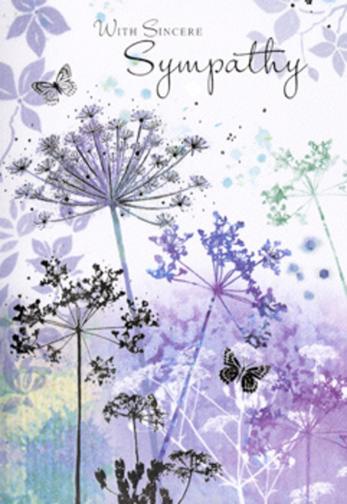 There is a deeply tranquil quality to this sympathy card, as though its design has captured a moment of stillness somewhere between the homes and hidden green corners of Plaistow. From the lower edge, tall, thread-like stems rise in loose clusters, bearing umbel-shaped flower heads that resemble delicate lace held up to the light. These blooms are painted in layered shades of soft lavender, dusky violet, and muted blue, softened with whispers of silvery green that echo the subdued tones of a cloudy evening near Plaistow Station. Each individual floret is suggested rather than outlined, which gives the impression that the flowers are gently blurring into the air, their forms shifting with a silent breeze. Two or three butterflies hover above and among the petals, their wings brushed so lightly in transparent violet and blue that they seem to flicker in and out of view, like brief moments of comfort in a difficult time. Behind this, the background is a wash of cool watercolour: overlapping veils of lilac, grey-blue, and pale smoke that fade into one another without clear boundaries, like distant buildings and trees softened by mist. Nothing here is harsh or insistent. The space between flowers is as important as the stems themselves, giving the eye room to rest. As someone who often arranges sympathy flowers for services and private homes across Plaistow, I recognise in this card the same quiet compassion we aim for in our work. It offers a gentle, contemplative scene that accompanies condolence messages with grace, supporting those in mourning without overwhelming their grief.