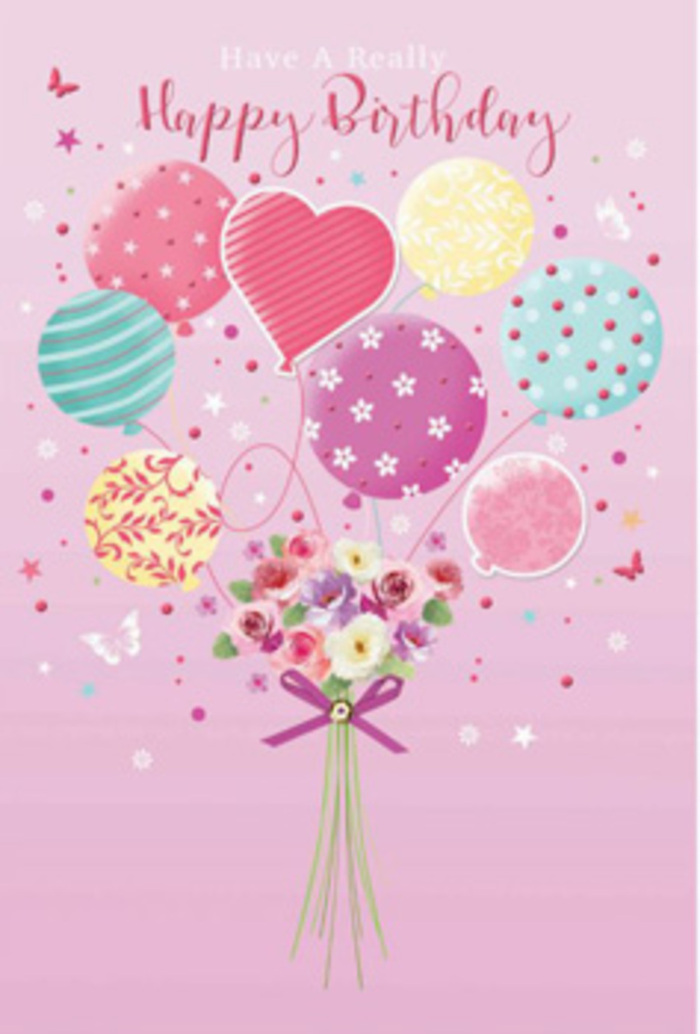 This charming birthday illustration feels like a little cloud of happiness hovering above Plaistow, painted in pastel shades and gentle curves. A background of soft blush pink provides a calm, warm setting, reminiscent of evening light over nearby West Ham Park. In the centre, a cluster of balloons floats upward, each one crafted with its own playful pattern. Some are wrapped in spiralling candy stripes of rose, lemon yellow, and teal blue, others are sprinkled with dancing polka dots, while a few are brushed with delicate floral motifs and swirling lavender accents. A single heart-shaped balloon glows among them, adding a tender, affectionate note. From the point where the imaginary strings meet, a hand-tied bouquet blossoms, as if gathered by a florist preparing a birthday delivery for a home off Plaistow Road. The bouquet is filled with small, intricate flowers-petite roses and daisy-like blooms in cream, blush, and soft mauve. Their petals appear velvety and slightly ruffled at the edges, layered in gentle gradients from light to deeper tones, evoking freshness and an almost-scented presence. Tying the stems together is a glossy purple satin bow, its loops and trailing ends catching the light, giving the arrangement a sense of refinement and care. Scattered stars and whimsical butterflies drift around the balloons and bouquet, suggesting movement and a hint of magical sparkle. The overall composition balances playful celebration with quiet elegance, making it feel like a birthday greeting that carries not just colour and cheer, but also the thoughtful touch of someone who wanted to send a truly memorable moment in Plaistow.