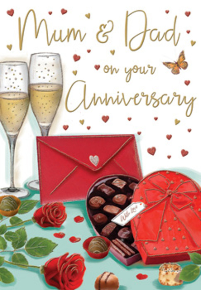 Elegant anniversary card illustration that presents a richly detailed celebration scene, as if captured in a Plaistow sitting room just before an evening toast. At the heart of the design, two tall champagne glasses rise from the table, perfectly aligned and filled with pale, sparkling champagne whose fine bubbles catch the warm light. To one side, two red roses are laid gently across the surface, each bloom full and layered with velvety petals, while their deep green leaves spill outward, adding structure and a sense of freshly cut vitality, like stems newly arranged by a florist near Plaistow station. In front of this floral accent, a heart-shaped box of chocolates is positioned invitingly, the red of its casing vivid and glossy. The lid is propped open to reveal an array of chocolates nestled in individual compartments, varied in shade from milk to dark, with a few pieces lying slightly apart as though already sampled. A wide satin bow wraps around the box, its ribbon forming soft loops and trailing ends that mirror the graceful curves of the roses' petals. To the side, a striking scarlet envelope, firmly sealed, lies ready to be opened, suggesting a personal message written with care for Mum and Dad, perhaps composed during a quiet moment at home after shopping along Green Street. Above and around the still life float tiny golden and crimson hearts, along with delicate scrolls that frame the lovingly hand-lettered dedication to Mum & Dad. The atmosphere is warm and indulgent, with an imagined blend of floral fragrance and chocolate sweetness, echoing those intimate Plaistow family traditions where an anniversary is marked with thoughtful gestures, shared treats, and the soft glow of togetherness.