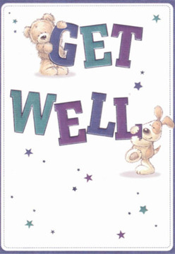 This charming get well card instantly evokes a mood of comfort and lightness, much like a stroll along the familiar lanes of Plaistow Village Market. At its heart, a cuddly teddy holds tight to the topmost 'GET,' while an exuberant puppy nudges the 'WELL' below, their affectionate faces filled with hope and encouragement. The gentle, rounded contours of each character, paired with their expressive eyes, communicate a sense of compassion and optimism, as if they were faithful friends by your side during difficult times. Deep hues of purple and soothing teal frame the bold text, which stands out brilliantly against the clean, white background-suggestive of renewal and clarity after a rainstorm on Prince Regent Lane. Tiny, scattered starbursts in sapphire and violet evoke quiet wishes drifting in the evening breeze, a reminder of Plaistow's vibrant, supportive community. Each brushstroke feels intentional, akin to the thoughtful way local florists craft their bouquets. This card radiates nurturing care and heartfelt optimism, making it an ideal gesture for sending comfort and cheer to anyone convalescing in Plaistow.