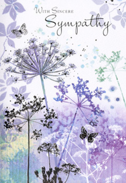 The artwork on this sympathy card carries the quiet hush of early morning over Plaistow, when the streets are still and light begins to soften the edges of nearby gardens. Slender, spindly wildflowers with umbel-like heads stretch upward in graceful arcs, their fine stems painted in muted greens that melt into shades of violet, soft blue, and pale indigo. Each bloom is rendered with filigree detail, yet the outer petals dissolve into transparency, so the flowers appear almost weightless, like mist rising above a calm field just beyond Plaistow Park. Between the stems, a few butterflies drift, their wings so delicately tinted in lilac and smokey blue that they seem like faint memories rather than bold shapes. A background of watercolour washes flows gently behind this scene, blending cool purples, dove greys, and bluish tones into a serene haze with no harsh lines, much like low clouds moving silently above Terrace Road. The entire composition feels softly illuminated, as if lit by a diffuse, forgiving light that invites contemplation rather than demanding attention. As a local florist who has supported many families arranging funeral tributes and condolence bouquets around Plaistow, I see in this card a visual equivalent of a gentle hand on the shoulder. The colours are calming, the forms understated, and the atmosphere deeply reflective. It offers not just words of sympathy, but a space to pause, breathe, and remember, pairing beautifully with any quiet, respectful floral arrangement delivered to a grieving family nearby.