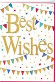 This congratulations card radiates the same vibrant spirit you might find at a joyful gathering in Plaistow, yet it remains beautifully simple and stylish. At its centre, the words Best Wishes are written in flowing golden script, the calligraphy slightly raised so it catches the light with a soft shimmer. The gold has a glittering metallic finish, not overpowering but elegant, reminiscent of the gleam from celebratory decorations at a family party near Plaistow Park. The background is a crisp, bright white that keeps the whole scene feeling fresh and open. Curving above and below the golden message are garlands of bunting, each strand forming a relaxed arc that gently frames the words. The small triangular flags are painted in a lively palette of colours-bright blues, reds, yellows, greens and a few softer tones-with crisp edges that keep the overall look tidy and modern. Many of the pennants are patterned with stripes, dots or tiny graphic designs, suggesting the care and creativity of hand-made party decorations strung along a cosy Plaistow terrace. Between these colourful curves, the white space is dotted with miniature stars and confetti-like circles in coordinating colours, scattered lightly as though a handful of confetti has just been thrown into the air. These tiny details add a feeling of movement and joyful spontaneity without overwhelming the design. The card balances cheerful colour with plenty of calm white space, so the golden greeting remains the clear focal point. It feels like the perfect companion to a bouquet delivered across the E13 area, whether you're congratulating someone on a promotion, celebrating a new home, or simply sending warm wishes for the next exciting step in their life.