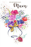 The scene on this Mother's Day card shows a joyful, impressionistic bouquet, as if someone in Plaistow has captured the spirit of a spring flower delivery in fluid watercolour. At the centre of the composition, generous blooms in rich cerise, magenta, and deep indigo cluster closely together, the pigments bleeding into one another in soft transitions that mimic overlapping petals. These bold hues are softened by nearby blossoms in powder pink, lavender, and hints of pale blue, so the bouquet feels exuberant yet thoughtfully balanced. A few strokes of warm apricot and peach peep through, bringing a sunlit warmth that suggests the gentle optimism of the season. Slender touches of green and yellow-green mark out stems and foliage, curving upward and outward to frame the flowers with a sense of life and motion. Along some petals and leaves, fine golden lines and tiny flecks add a delicate sparkle, recalling the way light can glance off fresh blooms arranged in a vase by a careful hand. The flowers appear to emerge from a rounded vase at the bottom of the card, painted in translucent pools of cool blue and grey. Around its neck, a smart golden bow sits neatly, much like the final ribbon tied before a bouquet leaves a Plaistow shop for same-day delivery to a nearby home. Surrounding the bouquet, playful paint splashes and gently sketched hearts float in the white space, giving the impression of scattered petals, shared laughter, and affectionate memories. The overall feeling is of warmth, appreciation, and closeness - a painted bouquet that holds the same heartfelt message as a real one placed lovingly in the centre of a family table on Mother's Day.