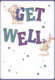 Cheerful and uplifting, this get well card sends waves of optimism and comfort-perfect for brightening a recovery day in Plaistow. Two adorable figures, a teddy bear and a puppy, burst onto the creamy canvas, each joyfully balancing or holding onto the bright, bold letters that spell 'Get Well.' The deep indigo and soothing teal of the message pop from the gentle background, lending the card a vibrant, contemporary energy. Sprinkled around the characters, stars in varying blue and purple hues shimmer with playful positivity, evoking the sparkle of city lights along local Plaistow streets at dusk. The animal friends, rendered in soft, touchable fur, become not just illustrations but symbols of warm, genuine care-much like the comfort that arrives with a hand-crafted bouquet from a Plaistow florist. There's an emotional salve in this design; it conveys heartfelt wishes for health and happiness in every detail, making it a delightful companion to a floral delivery anywhere in the local area.