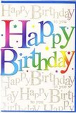 The birthday card pictured is a vivid expression of joy, created with the same eye for colour harmony you might expect from an experienced florist in Plaistow. Stretching boldly across the middle, the words Happy Birthday are set in generous, rounded letters, each one painted in a different lively shade that blends seamlessly into the next. The colours begin with deep wine reds and striking magentas, slipping into royal purple and midnight blue, then evolving into turquoise and sea-green, and finally into fresh grass green, buttery yellow, and soft tangerine. This rainbow gradient feels smooth and intentional, echoing the mix of tones in a festive bouquet delivered to a home near Barking Road. The letters appear glossy and crisply printed, catching light just enough to make them stand out. Behind this colourful headline, the entire background is filled with graceful gold script, repeating the phrase Happy Birthday to you like a gentle refrain. The cursive writing is fine and looping, woven across the card in multiple lines, creating a shimmering layer that feels luxurious yet understated. The metallic gold reflects soft glints of light, like late-afternoon sun across the open spaces of Plaistow Park. Scattered subtly between the letters are tiny specks and hints of star shapes, suggesting confetti or sparkles frozen in mid-air. Together, these details create a sense of movement and excitement, as though the moment of singing and candle-blowing has been captured on paper. The design balances bold, rainbow lettering with delicate golden detail, making it a thoughtful choice to accompany a vase of bright birthday flowers and bring a sense of cheerful celebration into any Plaistow home or office.