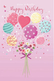 In this softly whimsical birthday image, a bouquet and cluster of balloons become a floating celebration that would feel right at home in Plaistow's lively streets. The background is a gentle pink wash, creating a warm, inviting atmosphere. Rising from the centre is a bundle of pastel balloons, gathered together as though about to drift above rooftops near Barking Road. Each balloon has its own charming style: some twist with candy-striped bands of rose, teal, and sunny yellow; others are dotted with playful polka spots; a few are decorated with delicate floral patterns and curling swirls of lavender and sea green. A heart-shaped balloon glows at the centre, expressing affection and making the design especially fitting for a close friend or loved one's birthday. From where the strings would gather, a dainty hand-tied bouquet emerges. The bouquet is filled with small, finely detailed flowers-roses and anemone-like blossoms in creamy ivory, blush pink, and muted mauve. Their petals cushion together, soft-edged and feathery, suggesting both freshness and a gentle, sweet fragrance. A violet satin bow binds the stems, its sheen catching the same soft light that plays across the balloons. Around them, tiny stars and butterflies drift and sparkle, enhancing the fairy-tale feel, like catching a fleeting moment of magic on Green Street. The whole composition is light, airy, and joyful, turning the classic pairing of balloons and flowers into a pastel daydream of birthday happiness, imagined through the eyes of someone who understands how a simple bouquet can transform a celebration in Plaistow.