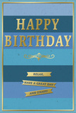 This birthday card exudes a sense of quiet joy, as if resting on a neat sideboard in a Plaistow flat, its design carefully balanced between soothing blues and celebratory gold. The entire background is made from wide, horizontal bands of blue, opened out like layers of peaceful sky. At the very top, the colour is a deep, velvety navy, easing through rich teal and mid-toned ocean blue before softening into a light, clear sky blue at the base, evoking the gradual shift of daylight you might notice walking towards Plaistow Underground station in early morning. In the centre, the greeting HAPPY BIRTHDAY stands proud in tall, embossed gold capitals. The letters are crisp and elegant, their metallic finish catching small highlights as though reflecting candlelight. This embossed text feels tactile and substantial, giving the impression of quality and care. Beneath the main wording, a graceful golden flourish sweeps across, its curves adding a hint of romantic, old-world charm. Lower on the card, three narrow golden banners are carefully aligned, each containing part of the comforting message Relax, have a great day and enjoy! The spacing between the ribbons creates an easy rhythm, much like taking a slow, unhurried stroll away from the busier stretches of Barking Road. A slim gold line frames the entire card, neatly enclosing the blue stripes and tying the design together with quiet sophistication. The card stock appears smooth and slightly velvety in its matte finish, helping the gold elements stand out with clear definition. Imagined beside a fresh vase of birthday flowers delivered locally around Plaistow, this card suggests a celebration that is calm, heartfelt, and perfectly suited to someone who appreciates understated elegance and a moment of genuine rest on their special day.