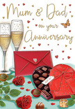 Heart-warming anniversary card scene rendered in rich detail, evoking the cosy, lived-in warmth of a Plaistow home on a special evening. The focal point is a pair of tall champagne flutes positioned close together, each glass filled with golden, sparkling champagne. Tiny bubbles seem frozen in motion, suggesting the imminent clink of a toast between Mum and Dad. To one side, two opulent red roses rest on the tabletop, petals lush and almost touchable, framed by glossy dark green leaves that give the impression of freshly cut stems, perhaps delivered from Flower Delivery Plaistow earlier in the day. In front of the roses, a heart-shaped chocolate box invites indulgence, its red shell shining softly under the ambient light. The lid is open, revealing a selection of carefully arranged truffles sitting in neat brown paper cups, while a few chocolates lie casually nearby as if already tasted and enjoyed. The box is adorned with an ample red satin bow, its loops full and the ends gracefully trailing across the surface. Close by, a vivid scarlet envelope, firmly sealed, tilts slightly towards the viewer, hinting at a handwritten anniversary message overflowing with affection, like a note penned after a gentle walk through Plaistow Park or along Barking Road. Scattered across the background are tiny hearts in gold and crimson, along with soft flourishes that frame the hand-lettered Mum & Dad inscription at the top. The whole composition radiates tenderness, celebration, and the sweetness of shared years, filled with imagined scents of roses and chocolate drifting through a Plaistow living room as another cherished milestone is marked together.